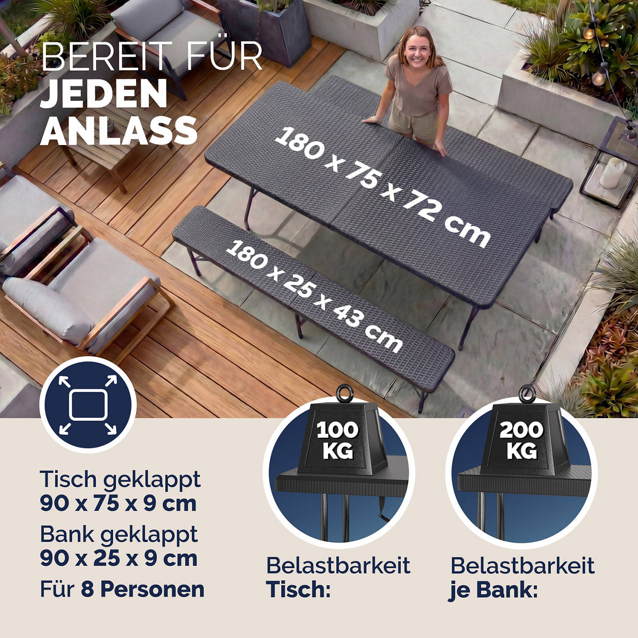 Klapptisch mit 2 Klappb&auml;nken im Rattan-Look image number 1