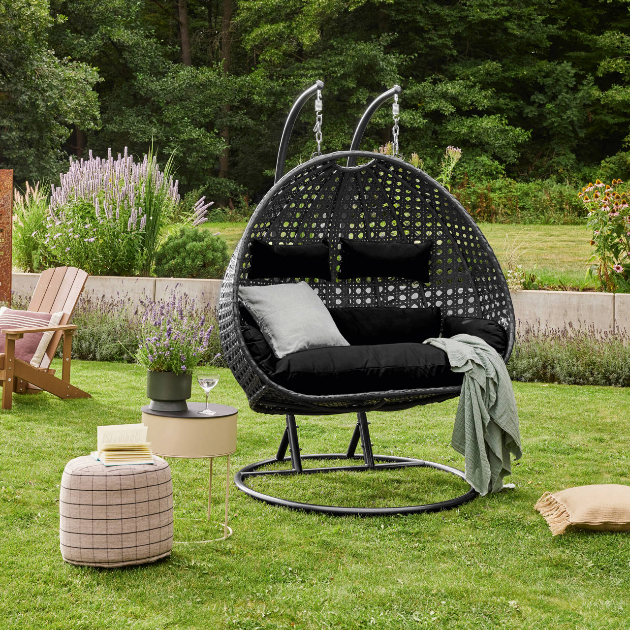 TWIN Polyrattan H&auml;ngesessel mit Regenabdeckung - Schwarz f&uuml;r 2 Personen image number 1